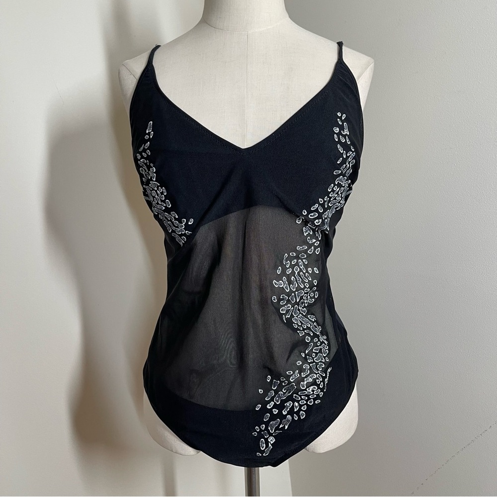 Italian Made Amarea Black One-Piece Beaded Embellishment V-Neck Swimsuit
